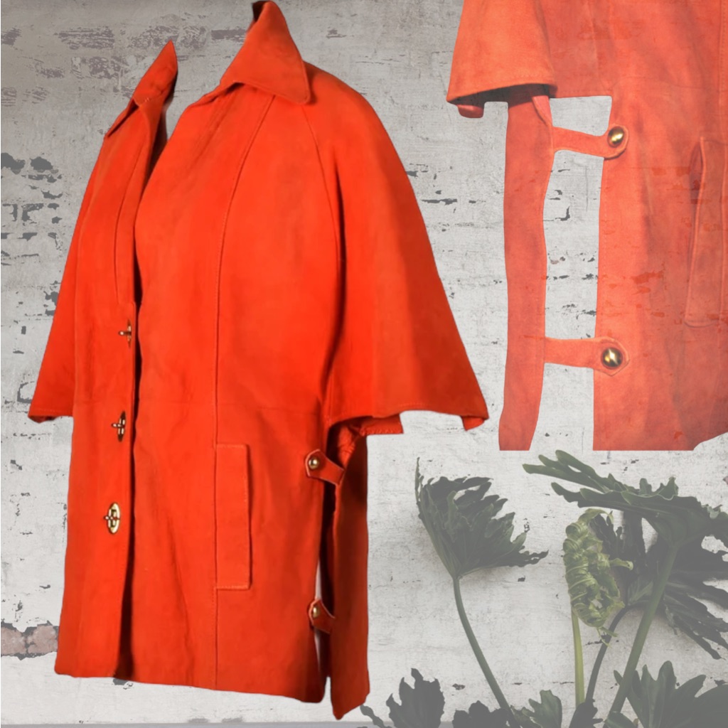 1960s Mod Orange Suede Leather Toggle Closure Cape